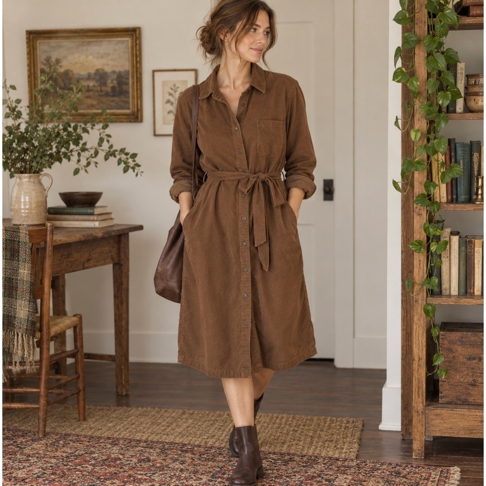 Lands End Brown Pinwale Corduroy Shirt Dress XL Long Sleeve Button Front Belted